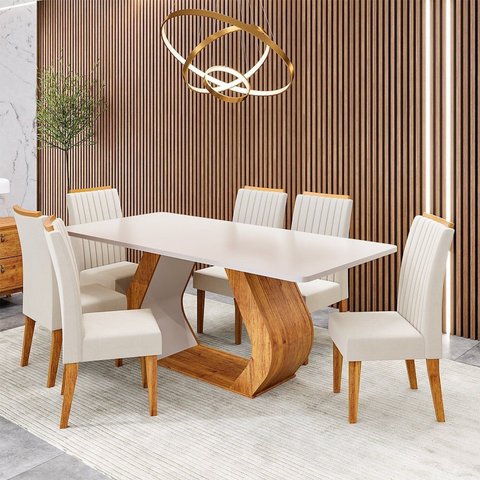 Conjunto Sala de Jantar 6 Lugares Retangular Tampo em MDF Voithy Yescasa Bege/Mel/Blonde