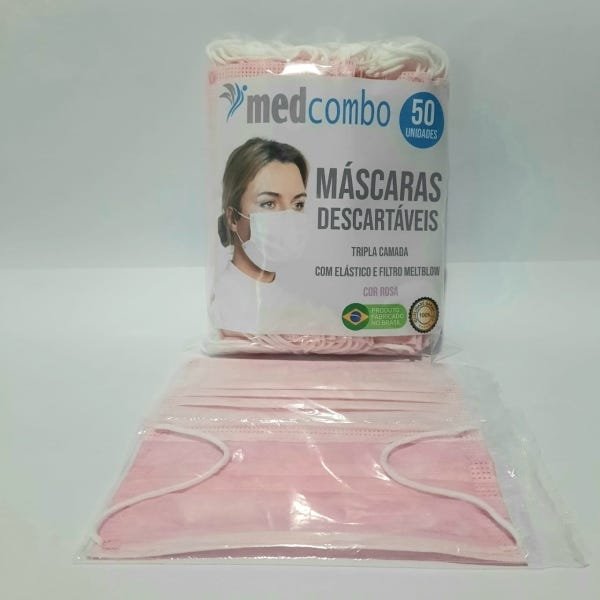 Mascara Descartável Tripla Camada Embalada Individualmente 50 Unidades Cor Rosa Medcombo - 2