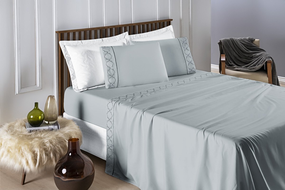 Conjunto Cama Casal Queen Size Madri Bordado 300 Fios Super Macio:cinza