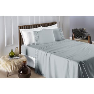Conjunto Cama Casal Queen Size Madri Bordado 300 Fios Super Macio:cinza