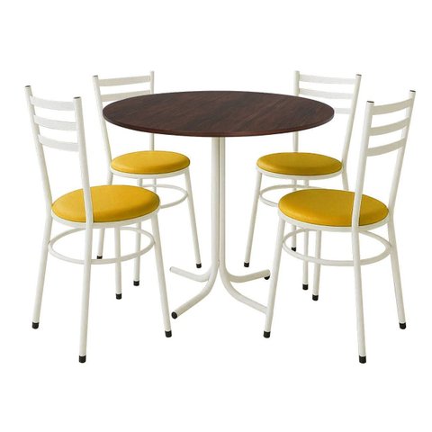 Mesa de Jantar Redonda 80cm Imbuia com 4 Cadeiras Estofada Branca