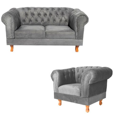 Uma Namoradeira Duque Chesterfield Capitonê + Uma Poltrona Duque - Suede Cinza Chumbo