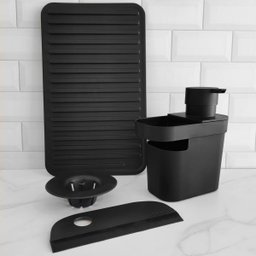 Kit 4 Organizadores De Pia Dispenser Rodinho Filtro Para Ralo E Escorredor De Copos Preto OU - 2