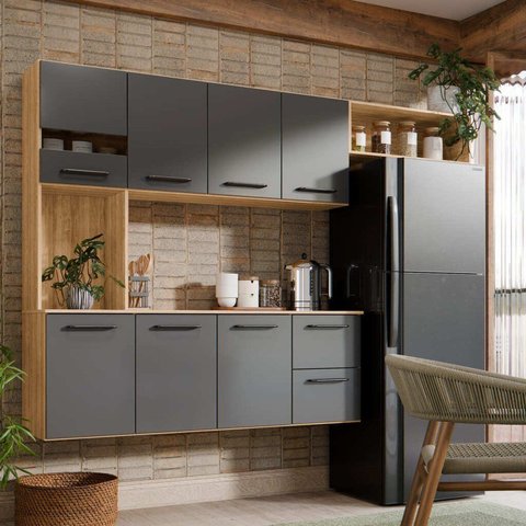 Armário de Cozinha Completo 180cm Juliana com 7 Portas e Gavetas Damasco Cinza