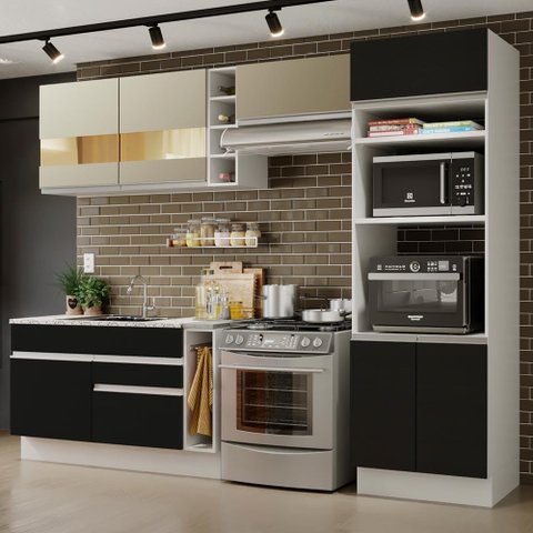 Armário de Cozinha Completa 290cm Branco/Preto/Crema Cristal Madesa 09