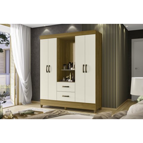 Guarda Roupa Casal C/espelho 4 Portas 2 Gavetas Mobi Capelinha- Carvalho/off White -albatroz