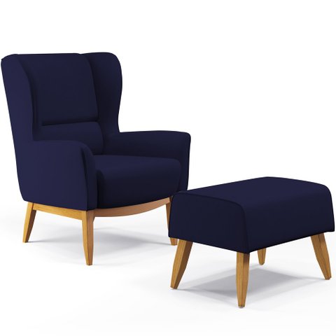 Kit Poltrona Decorativa Milena D02 com Puff Viseo Veludo Azul Marinho B-304 - Lyam Decor