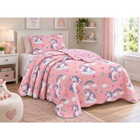 Kit Colcha Infantil Meninas Dupla Face Solteiro 160x240cm - Unicórnio