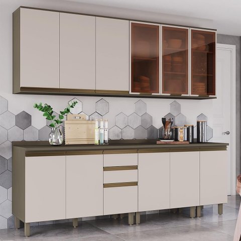 Cozinha Modulada Connect 7 Peças Aéreo 3 Portas Duna/cristal com Vidro - Móveis Henn
