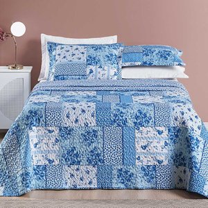 Kit Cobre Leito Colcha Casa Scarpa Dallas King Dupla Face Estampada 3 Peças - Azul Sereno Patchwork