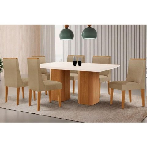 Sala Jantar Mesa Maldivas Tampo c/ Vidro Curvo 180cm+6 Cadeiras Dakota Madeira Naturale/Off White -
