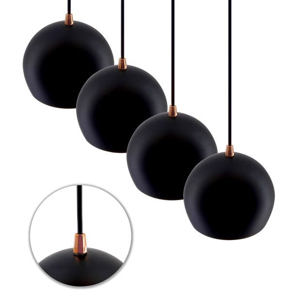Kit 4 Pendentes Bola Preto acabamentos Cobre