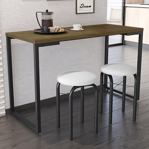 Conjunto Mesa de Cozinha Prattica Industrial 120cm com 2 Banquetas F02 Castanho/Branco - Mpozenato