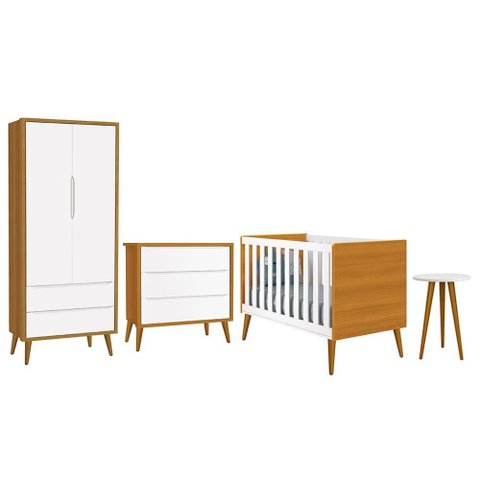 Dormitório Infantil Theo Retrô 2 Portas, Cômoda, Berço e Mesa de Apoio Branco/Savana com Pés