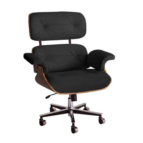 Poltrona Charles Eames Office Exec Couro Natural Preto