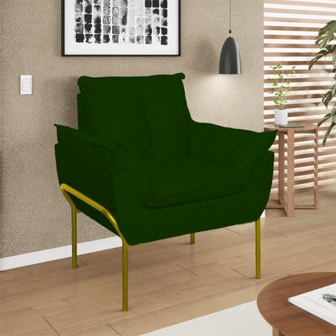 Poltrona Sofá Luxo Base Metal Dourada Recepção Escritório Cor:verde