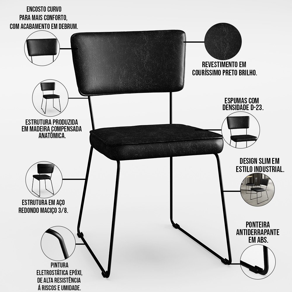 Kit 6 Cadeiras Decorativas Estofada Sala De Jantar Base Aço Allana L02 Couríssimo Preto - Lyam - 5