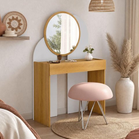 Penteadeira Camarim com Espelho Redondo 1 Gaveta 90cm Make B02 Branco Naturalle - Lyam Decor