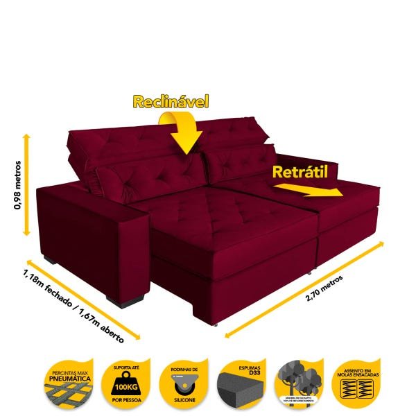 Sofá Super Luxo Retrátil e Reclinável Confort Box 2,70M Vinho