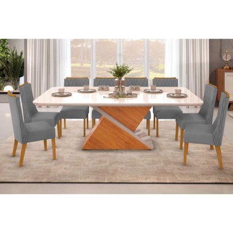 Sala de Jantar Completa Zafira Tampo Madeirado C/ Vidro Curvo 200x100cm e 8 Cadeiras Jade Cedro/off