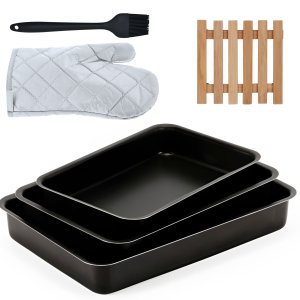 Jogo de Assadeira Retangular 03 Peças Antiaderentes + Luva Térmica + Pincel Preto + Descanso de Pane