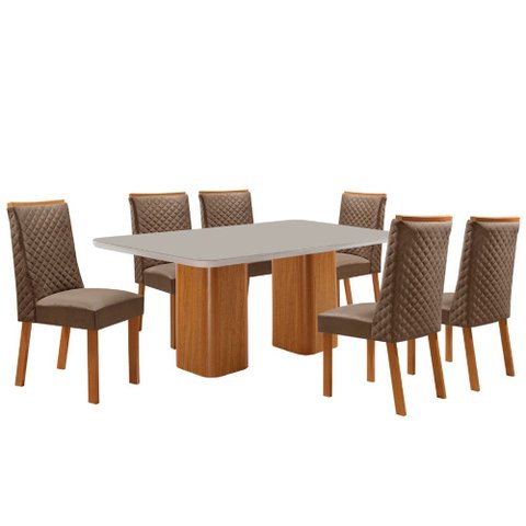 Mesa de Jantar Eloise 180cm Tampo MDF Vidro Canto Copo com 6 Cadeiras Yasmin