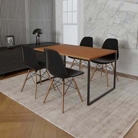Mesa Industrial Base de Ferro Preto 137x90 Tampo Canela 4 Cadeiras Eiffel Madeira Assento Preto