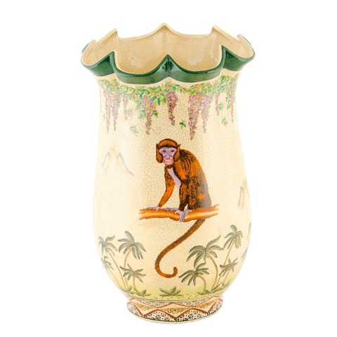 Vaso Decorativo Cerâmica Craquelada Pintado À Mão Macacos Borda Ondulada 38cm Columbus Gold