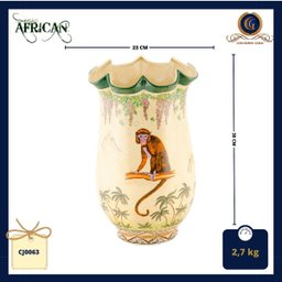 Vaso em cerâmica Craquelê, com pintura de macacos, coqueiros e flores (23 x 23 x 38 cm) - 2