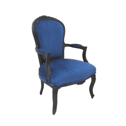 Poltrona Cadeira Luiz Xv Tecido Nobre Azul Madeira Preta Alta Decoração