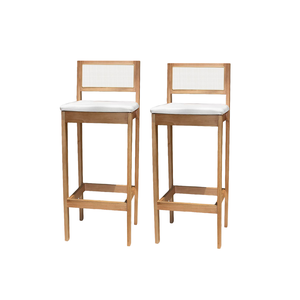 Kit 2 Banqueta Alta de Madeira com Assento Estofado e Encosto em Palhinha Bruna: Mel e Linho Cru