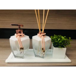 Kit Jogo Para Banheiro Porta Sabonete Rose Gold Branco Aroma Bandeja - 1