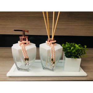 Kit Jogo Para Banheiro Porta Sabonete Rose Gold Branco Aroma Bandeja