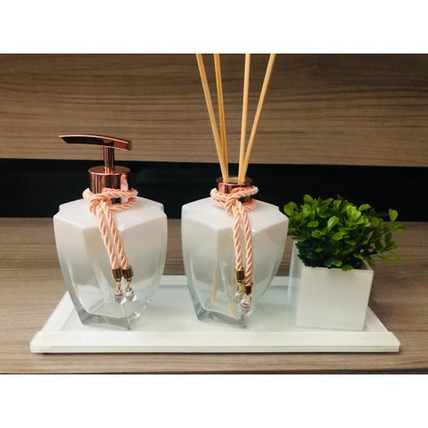 Kit Jogo Para Banheiro Porta Sabonete Rose Gold Branco Aroma Bandeja