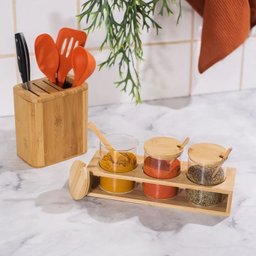 Kit 3 Porta Pote Tempero de Vidro Tampa Colher Suporte Bambu - 8