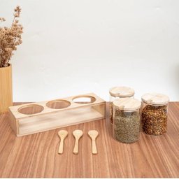 Kit 3 Porta Pote Tempero de Vidro Tampa Colher Suporte Bambu - 3