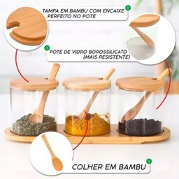 Kit 3 Porta Pote Tempero de Vidro Tampa Colher Suporte Bambu - 2