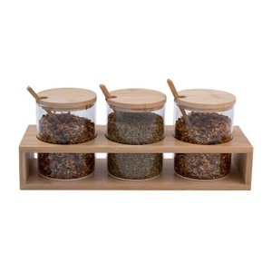 Kit 3 Porta Pote Tempero de Vidro Tampa Colher Suporte Bambu