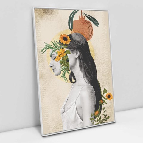 Quadro Decorativo em Canvas Abstrato Face Flowers - Moldura Branca - 60 x 40cm