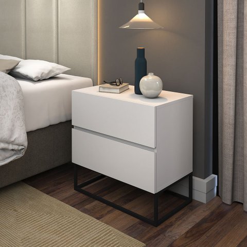 Mesa de Cabeceira 2 Gavetas Cor  para Cama Casal com Pés de Ferro Estilo Industrial 