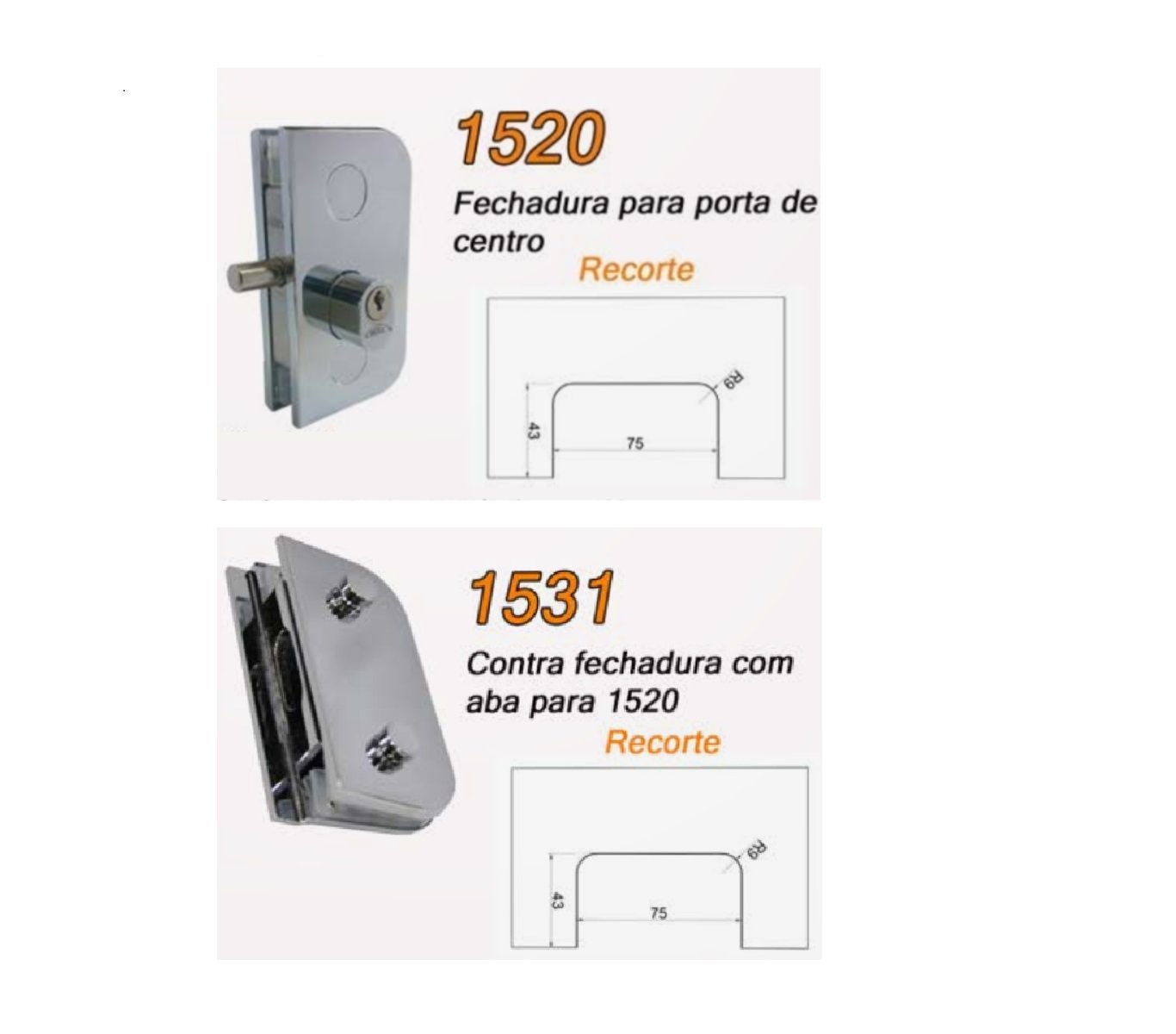 Fechadura 1520 + contra fechadura com aparador 1531 v/v para vidro temperado blindex - Cromado - 2
