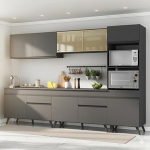 Cozinha Completa Modulada Bogotá 5 Peças Multimóveis com Vidro Reflecta, Puxador e Pés Personalizáveis