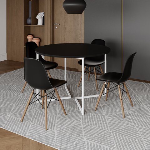 Mesa Jantar Industrial Redonda 110cm Preta Base V Ferro Branco com 4 Cadeiras Eames Preta Base Madei