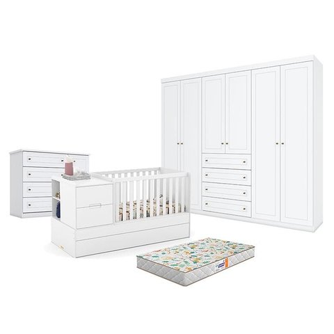 Quarto de Bebê Americano 6 Portas Com berço Americano Multifuncional Formare Branco Acetinado – Mati