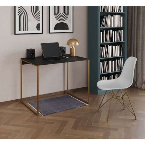 Escrivaninha Industrial Grécia 90x53 Ferro Dourado Tampo Preto