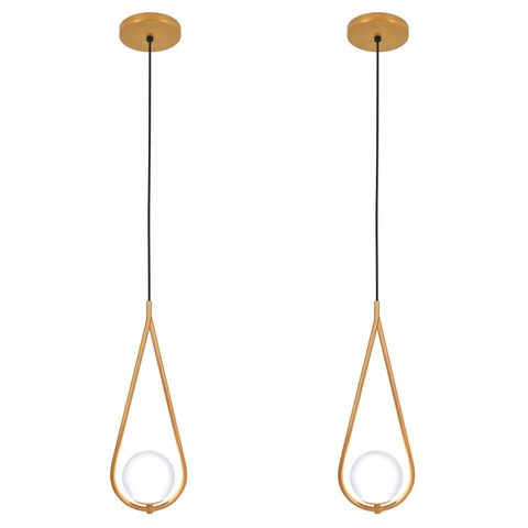 Kit 2 Luminárias Pendente Gota Globo Vidro Quarto Dourado