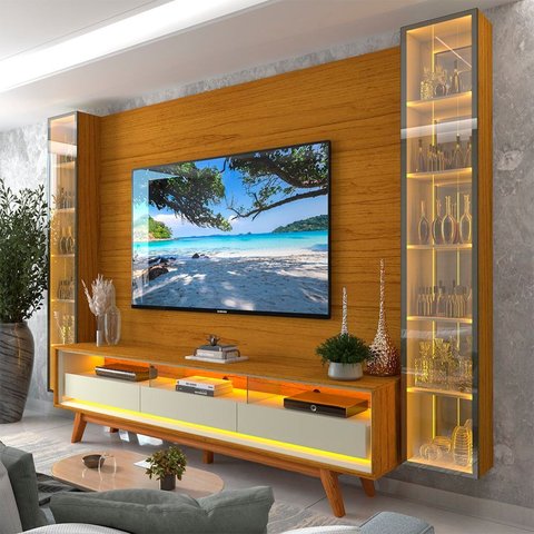 Rack com Painel para TV até 84 Polegadas com LED 100% MDF 293CMX238CM Pés em Madeira Maciça LED Espelhos Luminare Requinte