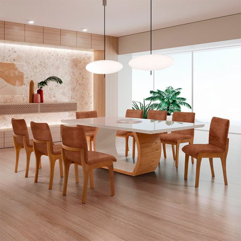Conjunto Sala de Jantar Bella 220cm com Vidro Canto Moeda e 8 Cadeiras Bella