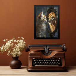 Quadro Motivacional Gatinho Espelho Leão 24x18cm:moldura Preta - 1 Quadro Motivacional Gatinho Espelho Leão 24x18cm:moldura Preta - 1