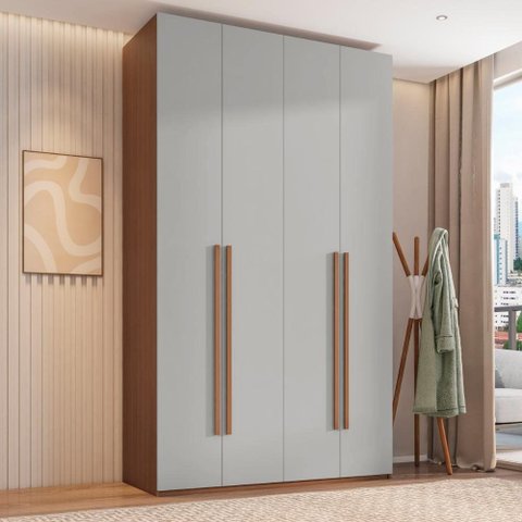 Guarda-Roupa Solteiro com 4 Portas e 3 Gavetas 137,5cm Multimóveis Crrui-GRP120 Madeirado/Cinza